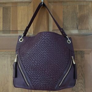 B Makowsky Wine/Purple Woven and Pebblef Leather Shoulder Bag.